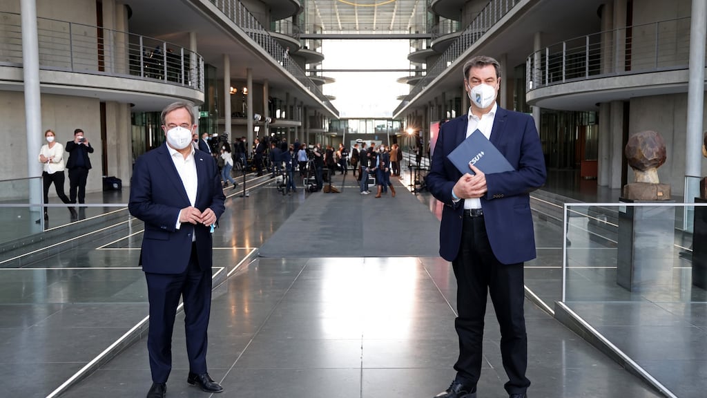 CDU leader Armin Laschet and CSU leader Markus Söder. On Sunday, Mr Söder announced he was ready to go up against his coalition ally in the race to succeed Angela Merkel following federal elections on September. Photograph: Liesa Johannssen-Koppitz/Bloomberg