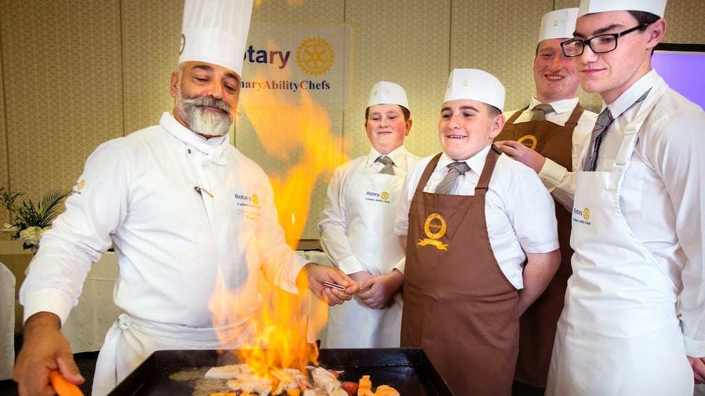 Chef Chris Standford with students Tommy O’Malley, Dara Sheridan, Pádraig Gleeson and Tadgh Rice from St Farnan’s PPS, Prosperous, at the Rotary Ireland Culinary Ability Chef event in the Killashee House Hotel, Naas. Photograph: Tony Gavin