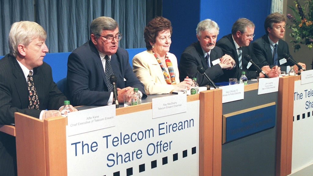 Vodafone and Verizon shares can be traced back to original purchase of shares in the Telecom Éireann (Eir) flotation in 1999, being discussed here with then minister Mary O’Rourke in the centre. Photograph Paddy Whelan