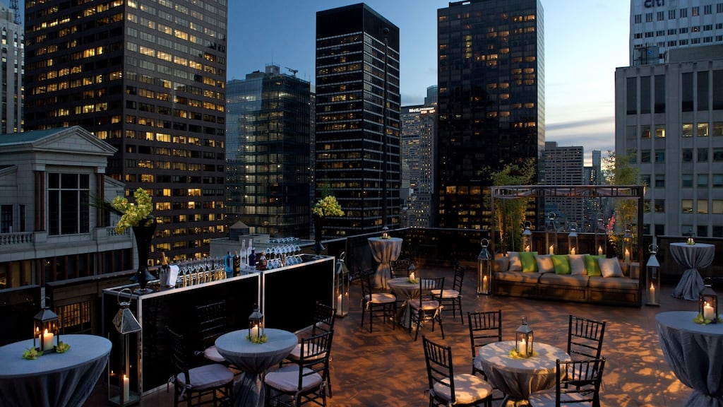 The terrace at Salon de Ning at the Peninsula Hotel in New York. You can see Trump Tower from here – but you can also look the other way