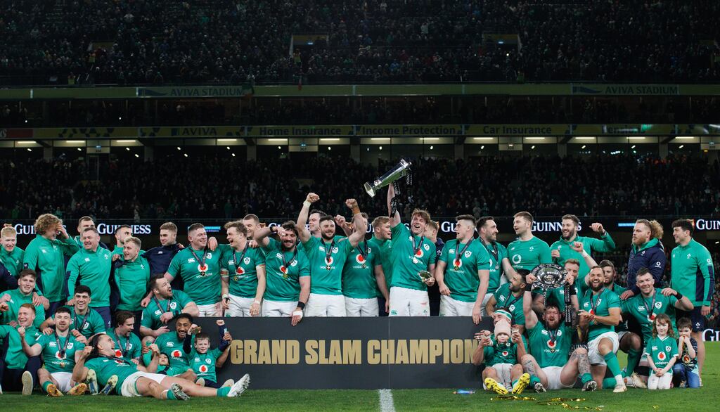 Ireland celebrate winning the Grand Slam after beating England at the Aviva Stadium: all of the 32 players made telling contributions during their Six Nations campaign. Photograph: James Crombie/Inpho