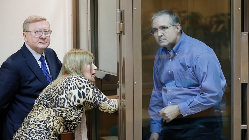 Paul Whelan (right), who has been accused of spying, and his lawyer Vladimir Zherebenkov (left) during a hearing of an appeal on his arrest at the Moscow City Court in Moscow. Photograph: EPA