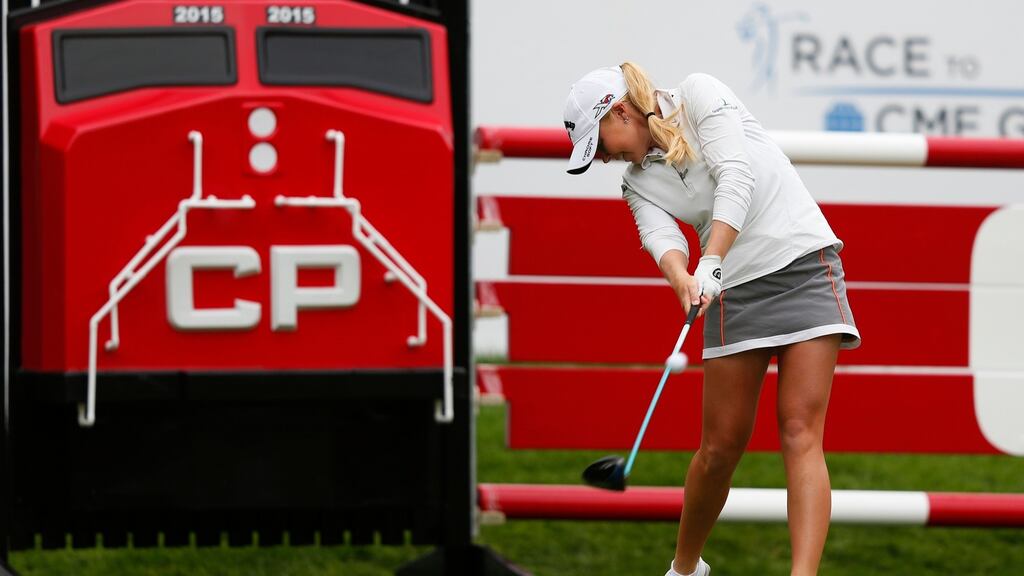 Stephanie Meadow of Northern Ireland tees off on the first hole during the third round of the Canadian Pacific Women’s Open at Priddis Greens Golf and Country Club in Calgary. Photograph: Todd Korol/Getty Images