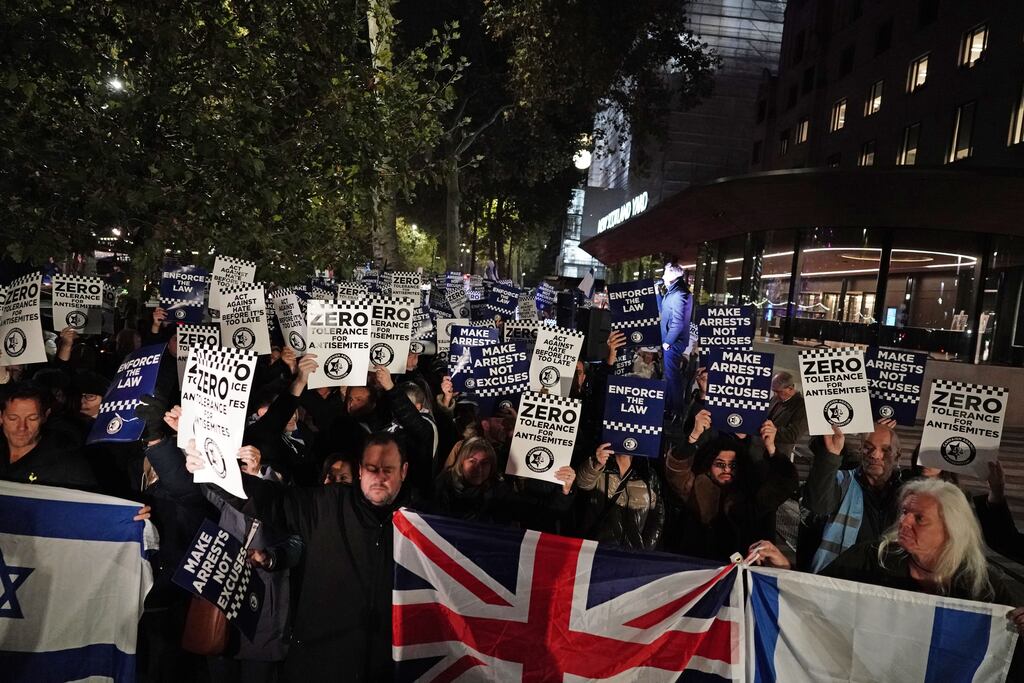 People attend an anti-Semitism rally outside New Scotland Yard in central London amid a rise in such incidents. Photograph: Jordan Pettitt/PA Wire