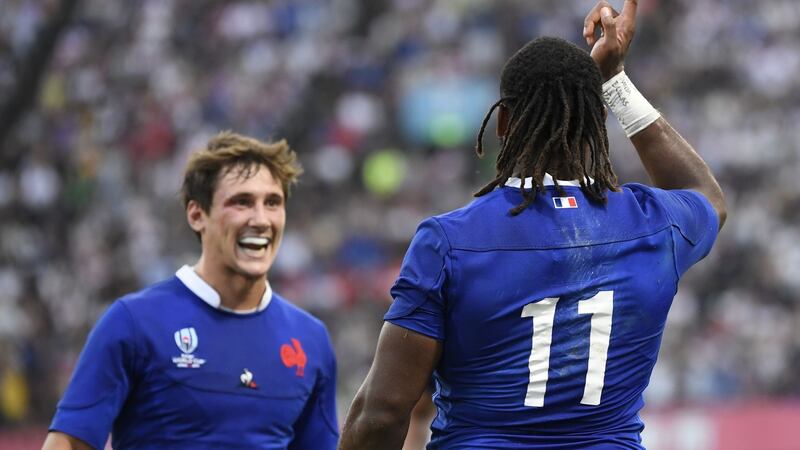 France’s Alivereti Raka celebrates scoring his try against Tonga. Photograph: Christophe Simon/AFP/Getty