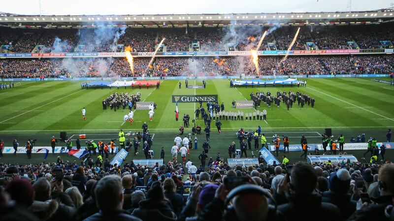 Scotland and France run out at a packed Murrayfield on Match 8th 2020. Photograph: Tommy Dickson/Inpho