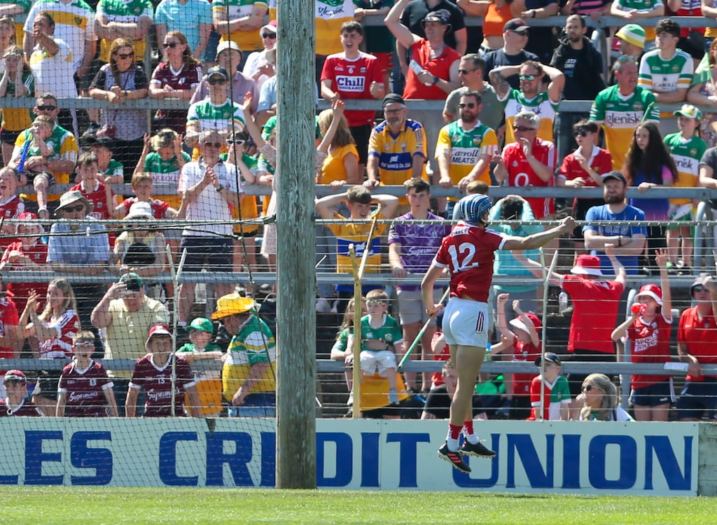 Cork’s Diarmuid Healy celebrates scoring a goal during the O'Neill's All-Ireland U20 HC Final against Offaly at FBD Semple Stadium. Photograph: Ken Sutton/Inpho