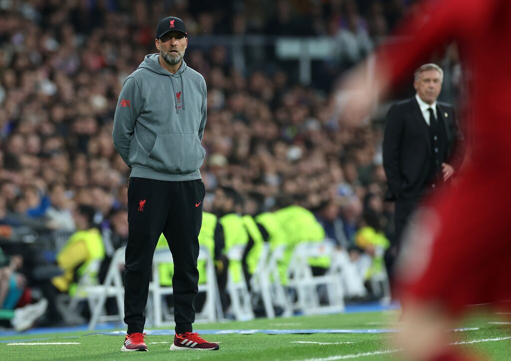 Liverpool manager Jurgen Klopp watches his team's defeat to Real Madrid at the Santiago Bernabeu. Photograph: PA