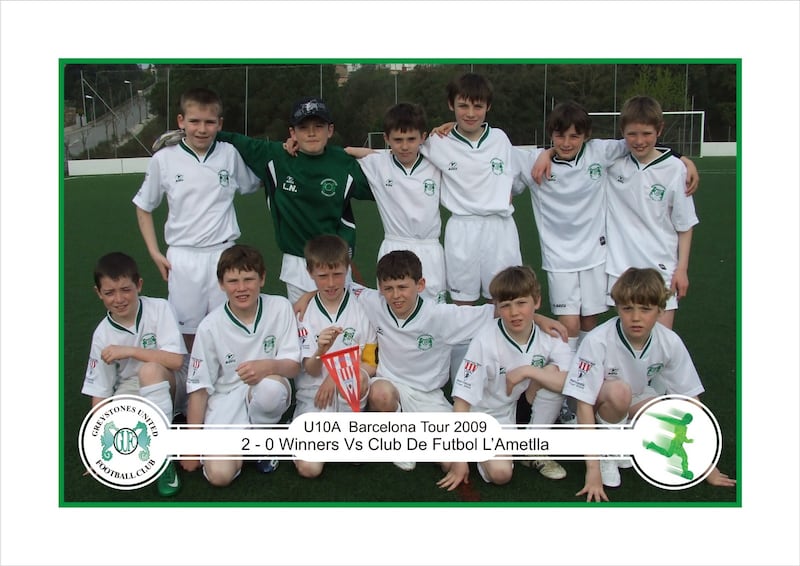 Daniel Whelan (back row, third from right) playing for Greystones United. Simon Power (back row, second from right) and Peter Sullivan (front row, second from left) both went on to play for Shamrock Rovers and Connacht respectively. Photograph: Greystones United