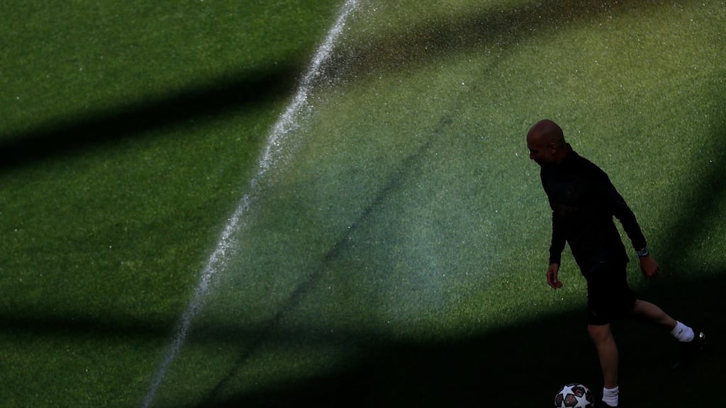 Manchester City’s Pep Guardiola at a training session in the Estádio do Dragão in Porto on the eve of the Champions League final. Photograph: Susana Vera/pool/AFP via Getty Images