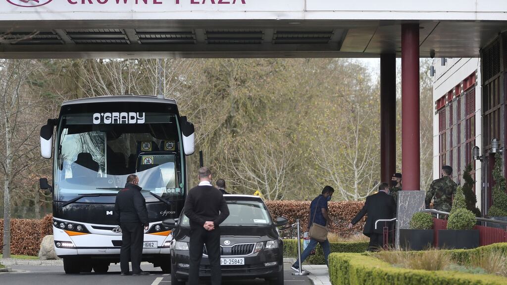 People arriving at the Crowne Plaza Hotel in Santry, the State’s first hotel quarantine centre. File photograph: Nick Bradshaw/The Irish Times