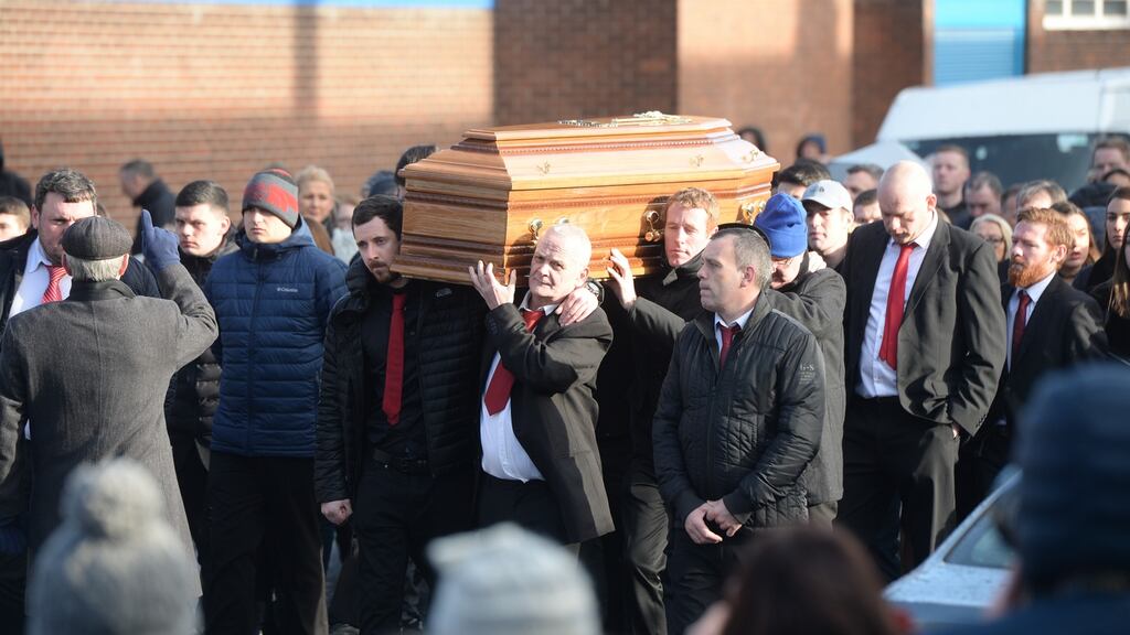 The funeral of Derek (Del Boy) Hutch, from Buckingham Street in Dublin’s north inner city, on its way to Our Lady of Lourdes Church on Sean McDermott St last January. Photograph: Alan Betson/The Irish Times