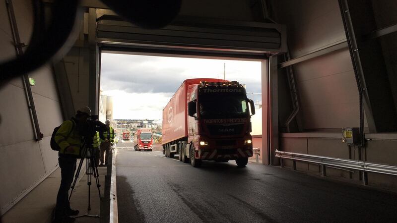 Waste delivery trucks arriving at the Poolbeg incinerator plant. Photograph: Bryan O’Brien