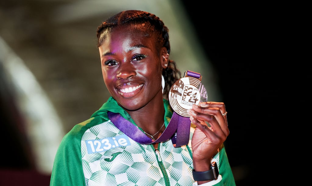 Rhasidat Adeleke celebrating with her European Championships silver 400m medal in Rome. Photograph: Ian Treacy/Inpho