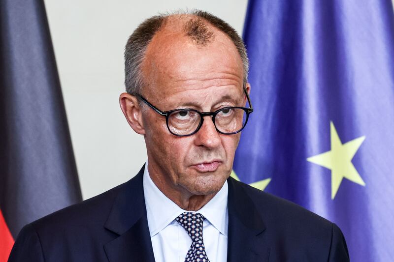 German Chancellor Friedrich Merz attends a press conference with Ukrainian President Volodymyr Zelensky (unseen) after a video call with other heads of state ahead of a summit between the US and Russian leaders, in Berlin, Germany, 13 August 2025.