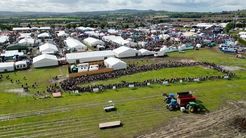 An overhead photograph of the crowd assembled for the wellington boots throw at the National Ploughing Championships in  Ratheniska, Co Laois. Photograph: Macra na Feirme