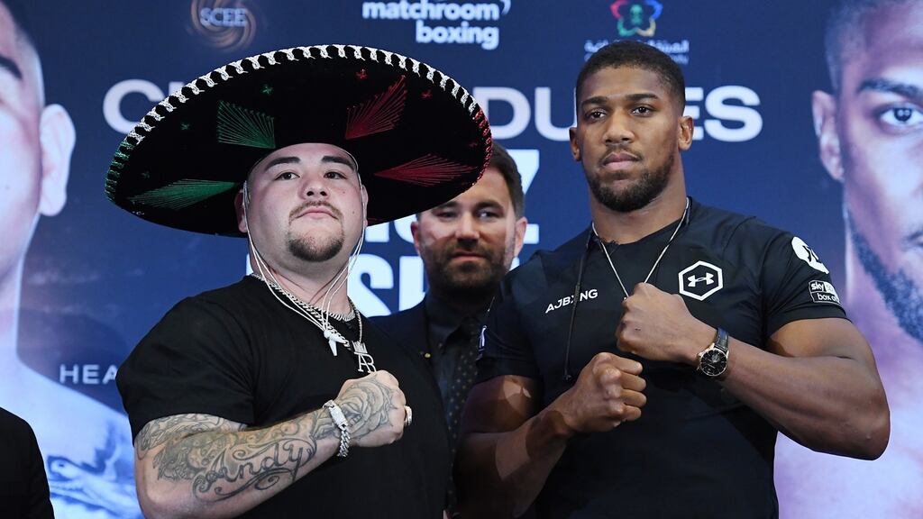 World heavyweight boxing champion Andy Ruiz and Anthony Joshua at a press conference ahead of their rematch in Saudi Arabia. Photo: Andy Rain/EPA