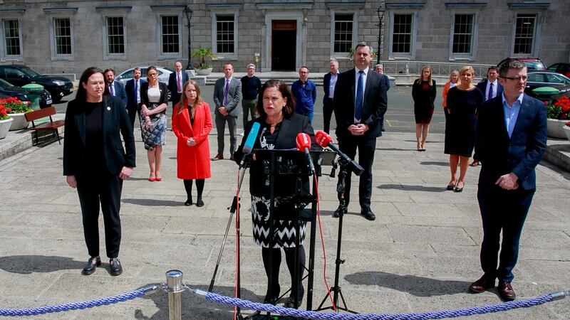 Sinn Féin president Mary Lou McDonald at the announcement of the party’s new front bench on the plinth of Leinster House, Dublin. Photograph: Gareth Chaney/Collins