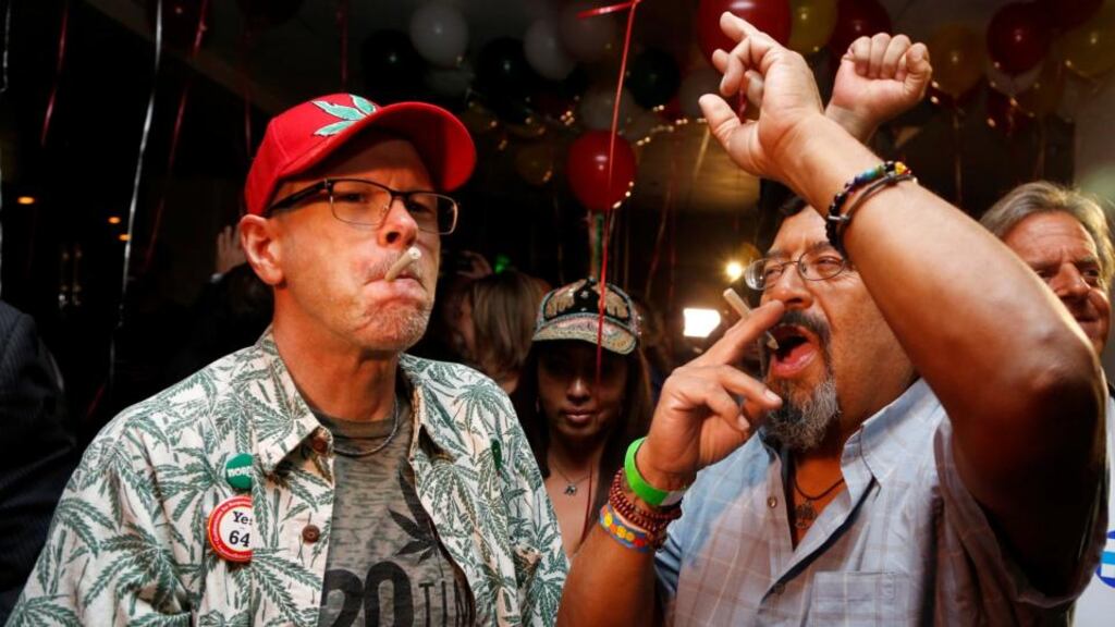 William Britt and Al Moreno celebrate in Los Angeles after Californians voted to pass proposition 64, legalising recreational use of marijuana in the state. Photograph: Jonathan Alcorn/Reuters