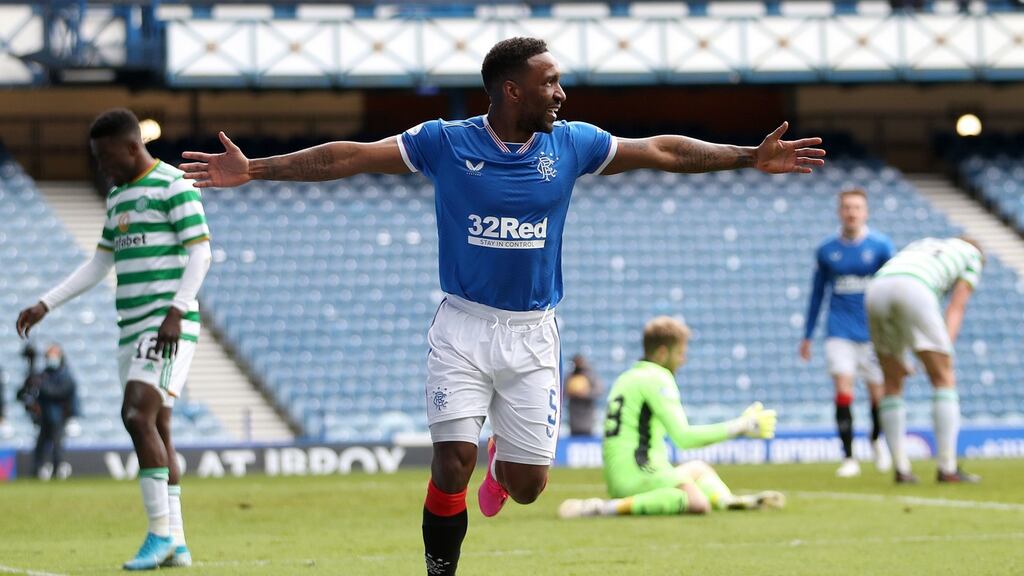 Rangers’ Jermain Defoe celebrates scoring their side’s fourth goal of the game during the Scottish Premiership match against Celtic at Ibrox. Photo: Jane Barlow/PA Wire
