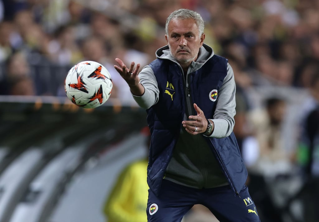 Fenerbahce head coach Jose Mourinho was shown a yellow card after an unusual protest over a VAR decision. Photograph: Erdem Sahin/EPA