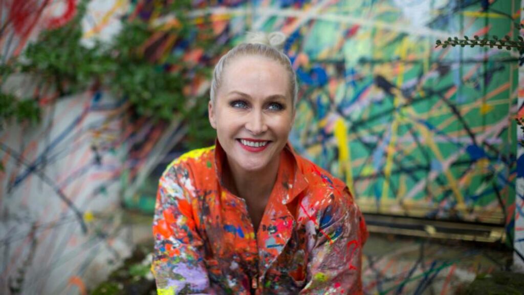 Artist turned textile designer Helen Steele projects paint layers into the air, capturing the 3D designs for transfer to print on fabrics in vivid layering of contrasting colours. Photograph: Peter Rowen