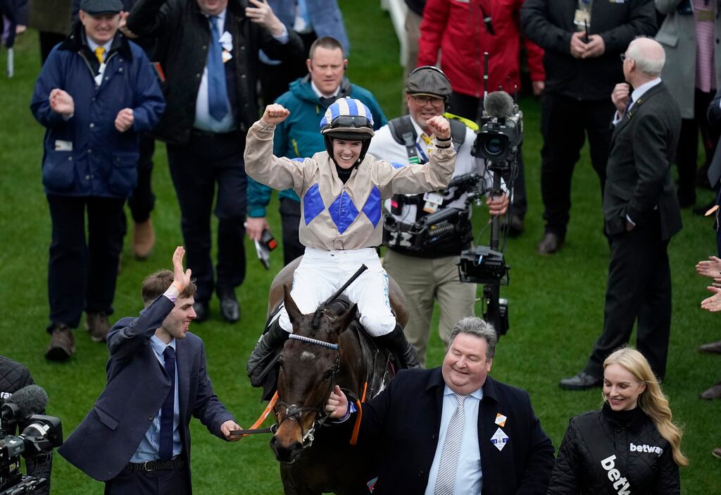 Rachael Blackmore celebrates on Captain Guinness after winning the Betway Queen Mother Champion Chase at Cheltenham. Photograph: Andrew Matthews/PA Wire