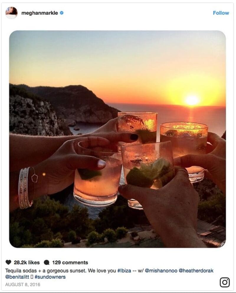Meghan Markle: the duchess has closed her personal Instagram account, which included the post “Tequila sodas + gorgeous sunset. We love you #Ibiza”