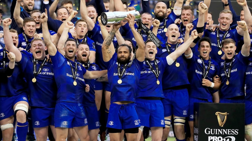 Isa Nacewa lifts the Pro14 trophy at the Aviva Stadium, Dublin. Photograph: PA