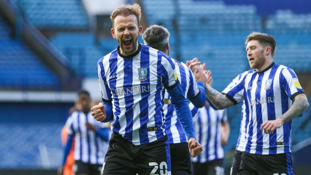 Sheffield Wednesday’s Jordan Rhodes celebrates scoring their fourth goal during the Sky Bet Championship match against Cardiff City at Hillsborough. Photograph: Isaac Parkin/PA Wire