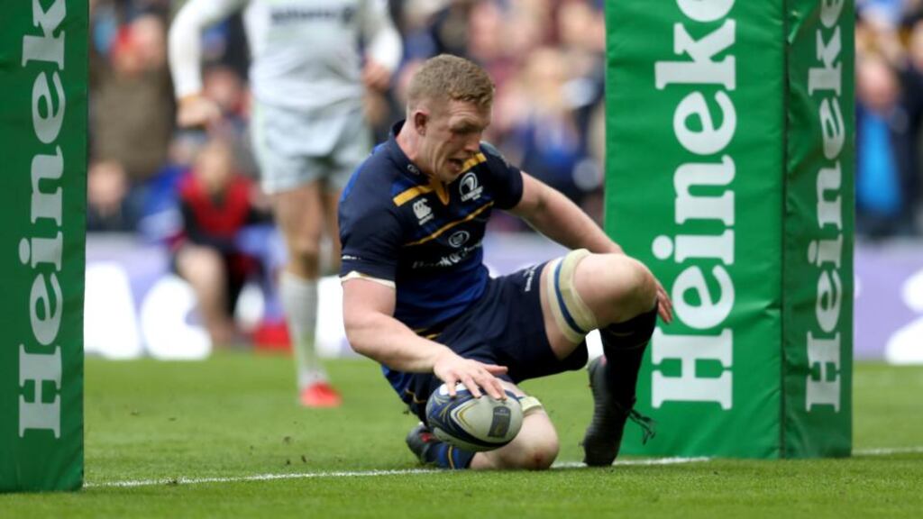 Leinster’s Dan Leavy scores his try. Photograph: Tommy Dickson/Inpho