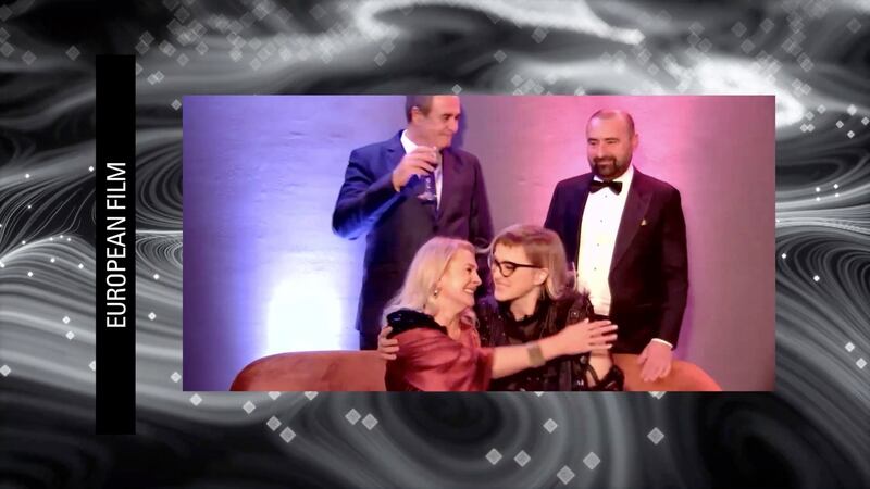 Actor Jasna Duricic and filmmaker Jasmila Zbanic celbrate the success of Quo Vadis, Aida? during the 34th European Film Awards  in Berlin on Saturday. Photograph: Getty Images for EFA