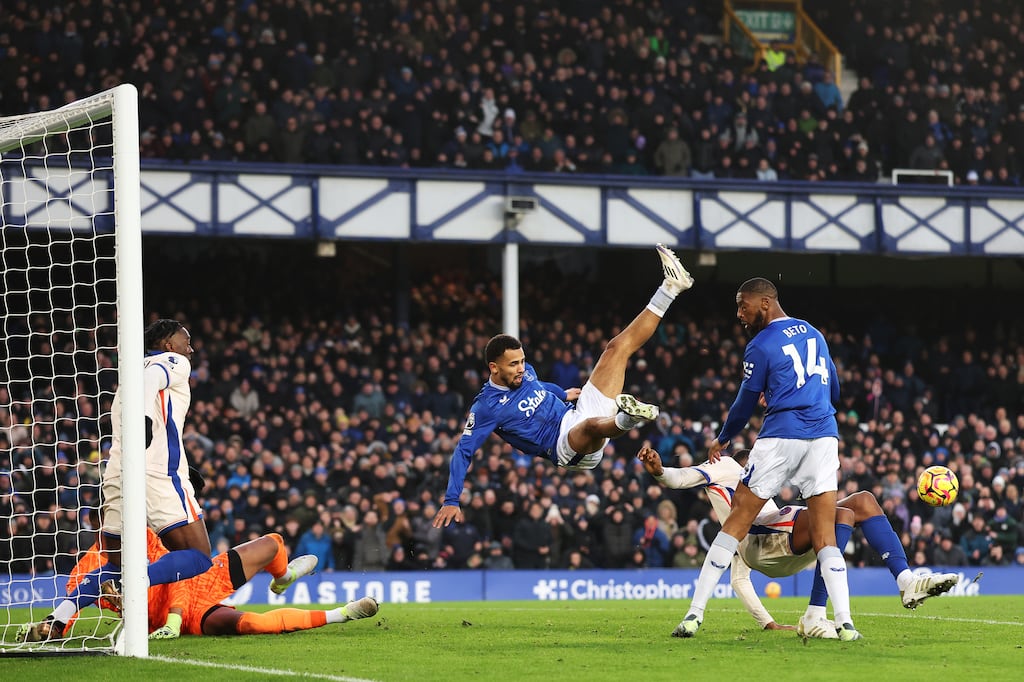 Iliman Ndiaye of Everton has a shot blocked during the Premier League match against Chelsea at Goodison Park. Photograph: Carl Recine/Getty Images