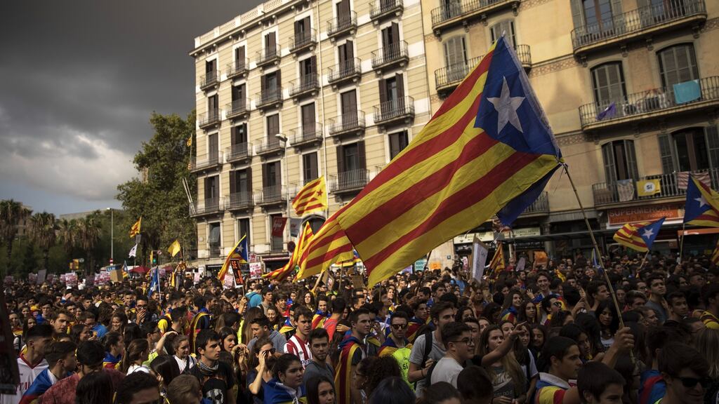 Students demonstrate against the position of the Spanish government to ban the self-determination referendum, in Barcelona. Photograph: Dan Kitwood/Getty Images