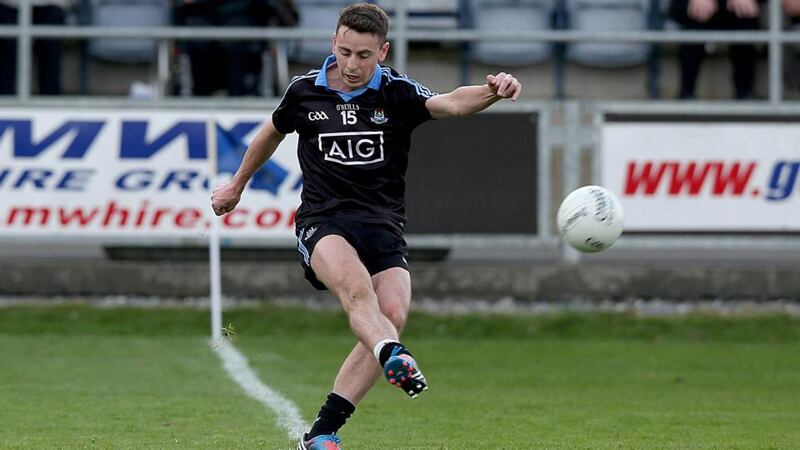 Dublin’s Cormac Costello kicks the winning point in the last minute of normal time during the All-Ireland under-21 football semi-final against Cavan at O’Moore Park in Portlaoise. Photograph: Donall Farmer/Inpho