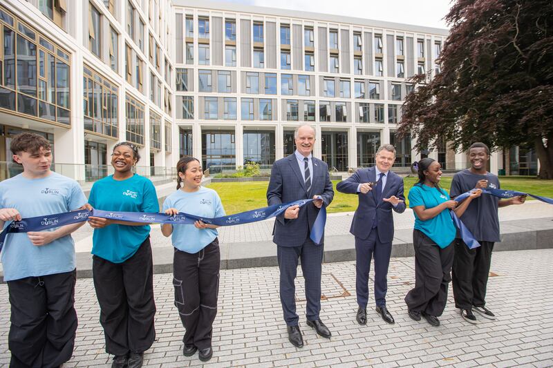 Minister for Public Expenditure Paschal Donohoe and TU Dublin president Prof David FitzPatrick cutting the ribbon on two buildings at the university’s Grangegorman campus. Photograph: Hu O'Reilly