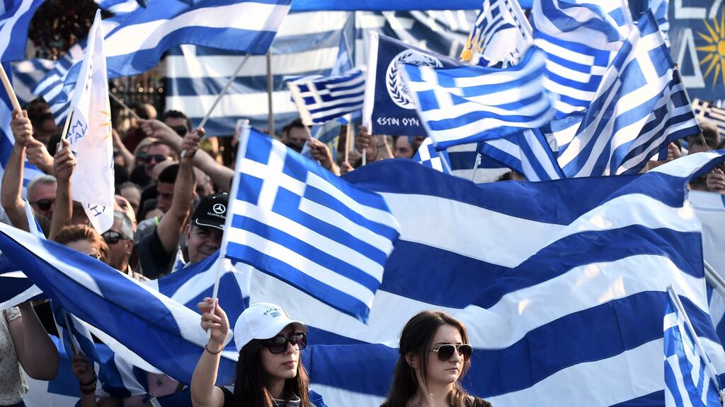 Protesters take part in a rally against the use of the name Macedonia in Pella, northern Greece on June 6th. Photograph: Sakis Mitrolidis/AFP/Getty Images