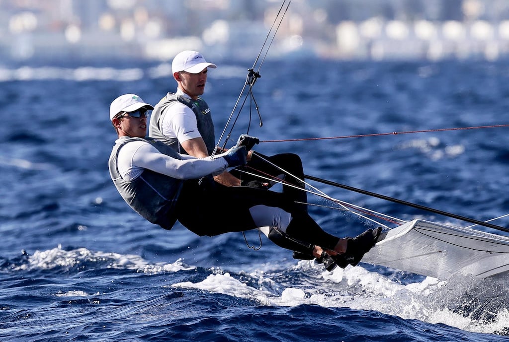 Ireland’s Rob Dickson (right) and Seán Waddilove (left) during Tuesday's racing at the World Championships in Cagliari. Photograph: David Branigan/Inpho