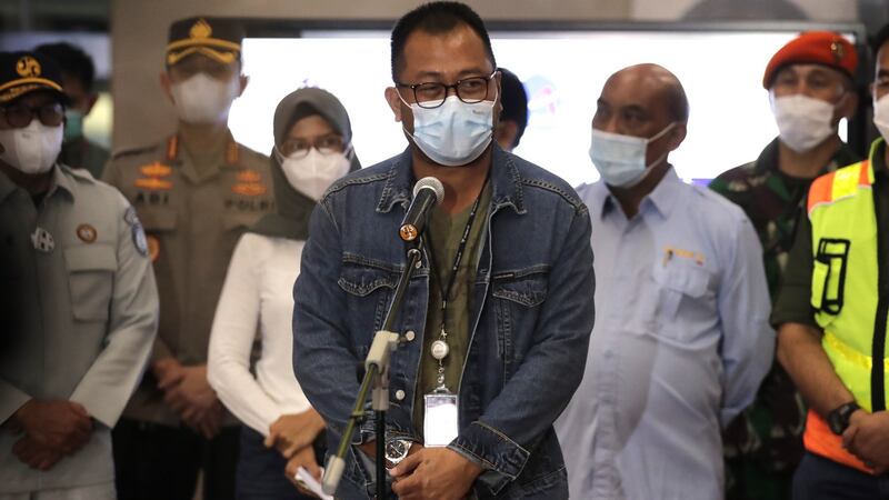 Director of Sriwijaya Air Jefferson Jauwena speaks to the media during a press conference at the crisis centre in Soekarno-Hatta International Airport. Photograph: Mast Irham/EPA