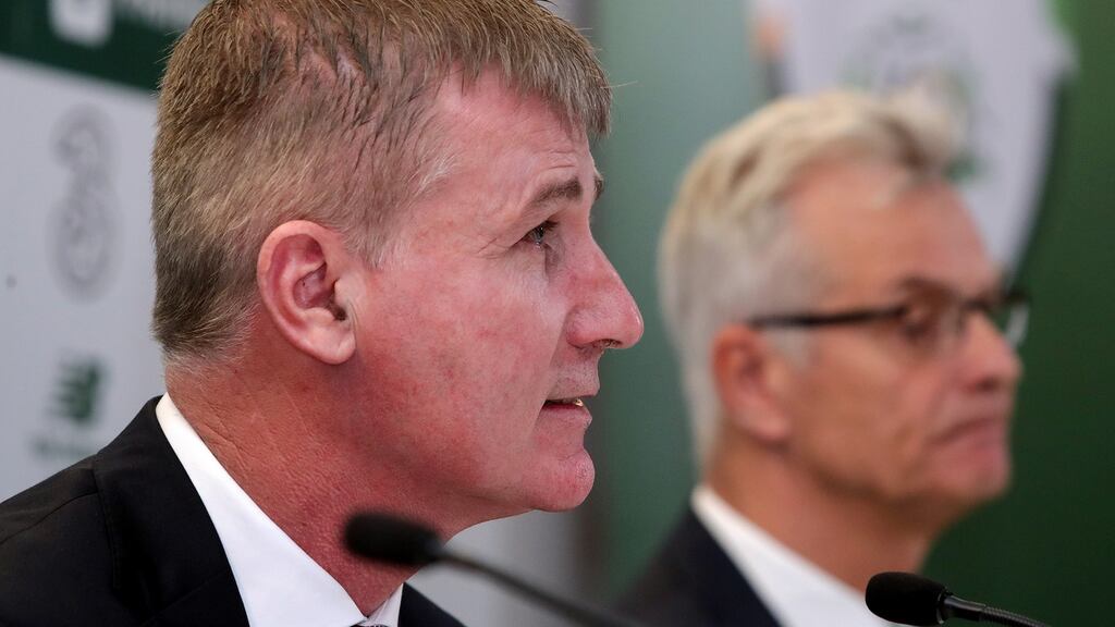New Republic of Ireland under-21 manager Stephen Kenny speaks at a press conference along with high performance director Ruud Dokter. Photo: Laszlo Geczo/Inpho