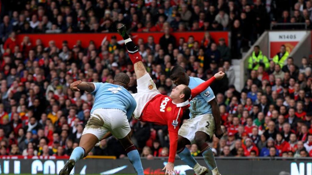 Wayne Rooney scores a memorable goal from an overhead kick during the Manchester derby at Old Trafford in February, 2011. Photograph: Alex Livesey/Getty Images