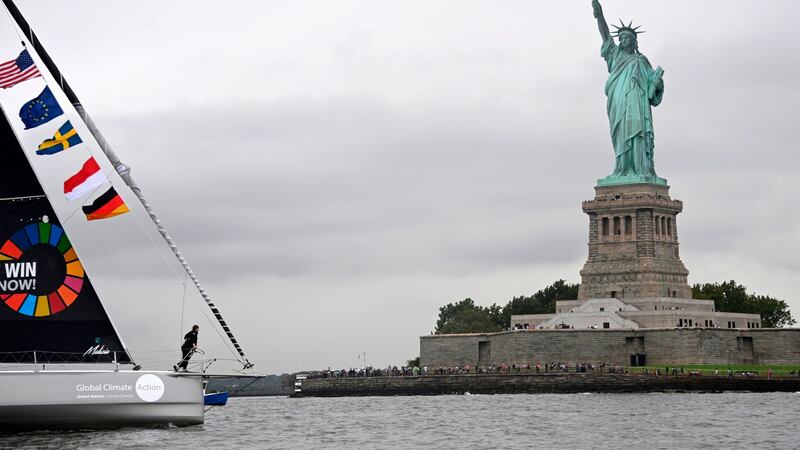 The Malizia II, a zero-carbon yacht, with Swedish climate activist Greta Thunberg, 16, arrives in the US after a 15-day journey crossing the Atlantic in on August 28, 2019 in New York. Photograph: Johannes Eisele/AFP/Getty