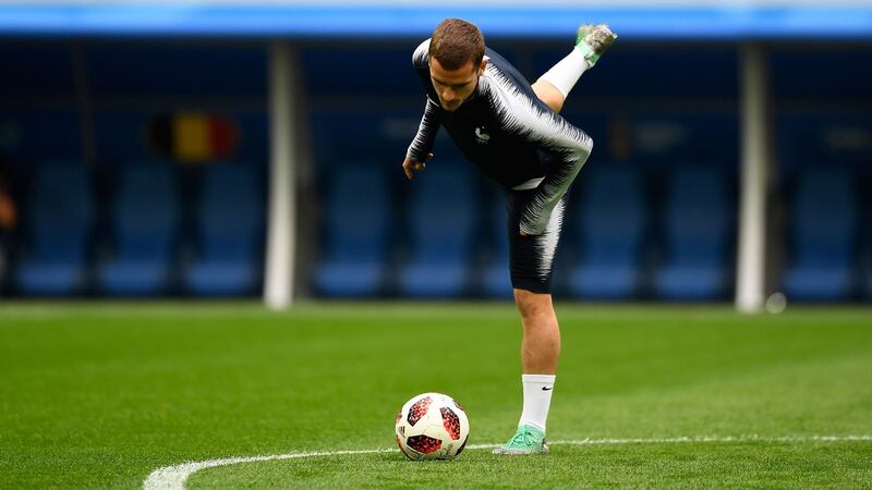 France’s Antoine Griezmann in training ahead of the crunch game with opponents Belgium. Photograph: AFP/Getty Images
