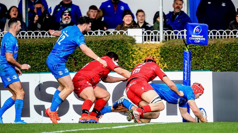 Leinster’s Josh van der Flier scores a try that was later disallowed by the TMO during the Heineken Champions Cup game at the RDS. Photograph: Gary Carr/Inpho