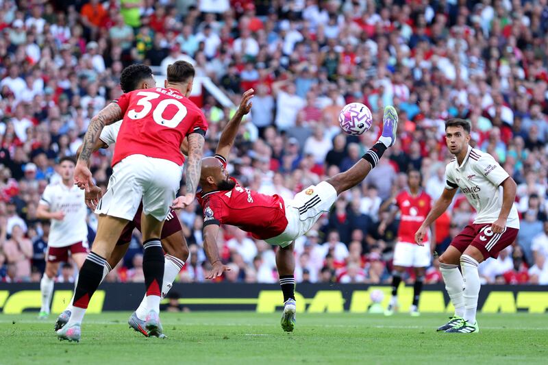 Manchester United's Bryan Mbeumo misses a shot from an overhead kick. Photograph: Michael Regan/Getty Images