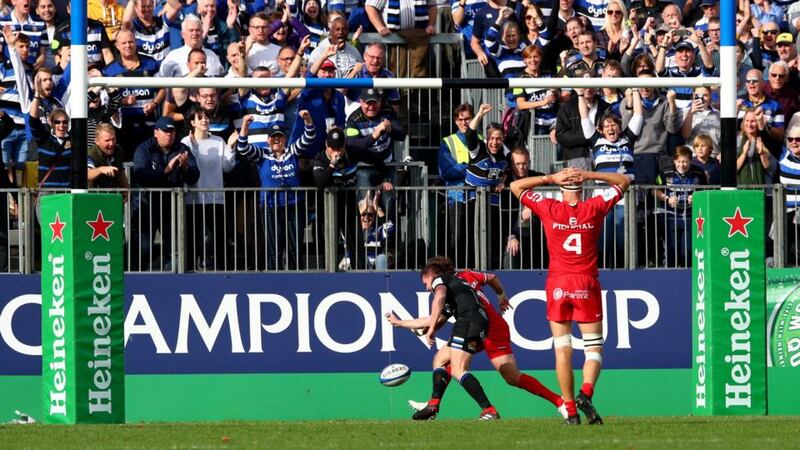 Freddie Burns is tackled by Maxime Medard at The Rec. Photograph: James Crombie/Inpho