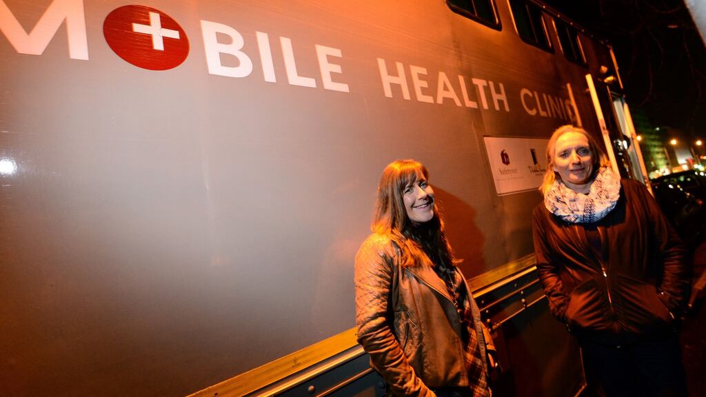 Martina Bergin, Simon Community, left, and Jean Twohig, Safetynet, at the Mobile Health Clinic, at St Stephen’s Green, Dublin. Photograph: Dara Mac Dónaill