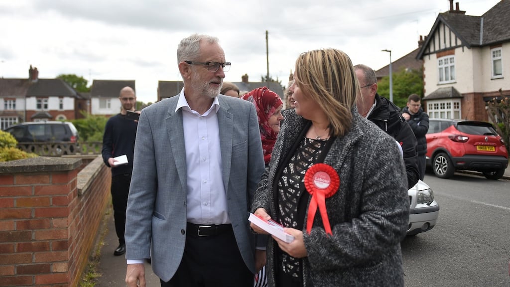 Labour leader Jeremy Corbyn with parliamentary candidate Lisa Forbes campaigning in Peterborough ahead of next week’s local elections. Photograph: Joe Giddens/PA Wire