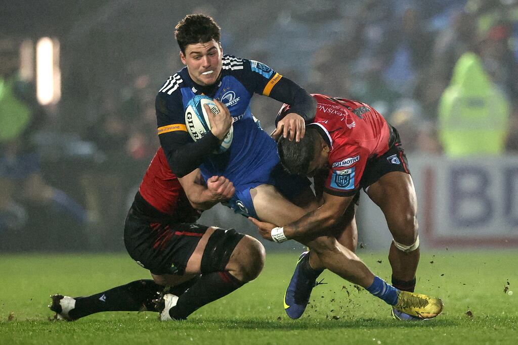 Leinster's Max O’Reilly is tackled by Rey Lee-Lo of Cardiff during the BKT United Rugby Championship match at the RDS. Photograph: Ben Brady/Inpho