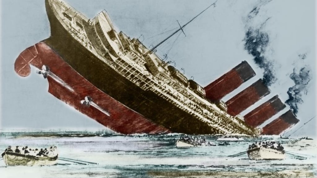Illustration of the sinking of the Cunard liner Lusitania by a German submarine off the coast of Ireland. Illustration: Norman Wilkinson/Illustrated London News/Ullstein Bild via Getty Images
